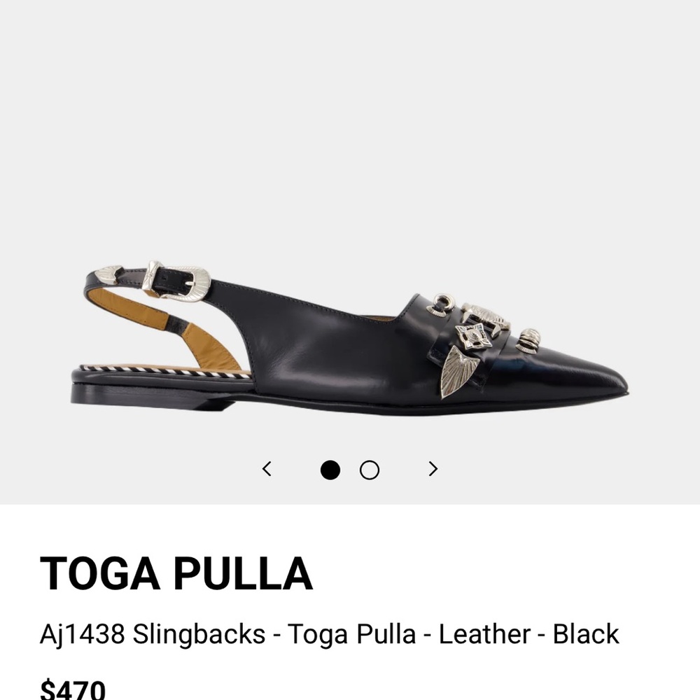 TOGA Pulla Black Leather Pointed Slingback Mules with Silver Embellishments